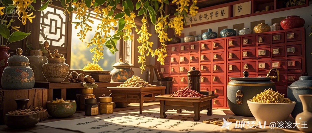 微缩景观，3d场景，平视角度，夏天的感觉，国风元素，中药，中医，立面有一排中药材柜，底面是一层宣纸，上面有一些书法小楷，从左侧窗户外伸进来很多盛开的金银花，垂下来，阳光也洒进来，右边摆放一些中药用具，....jpeg